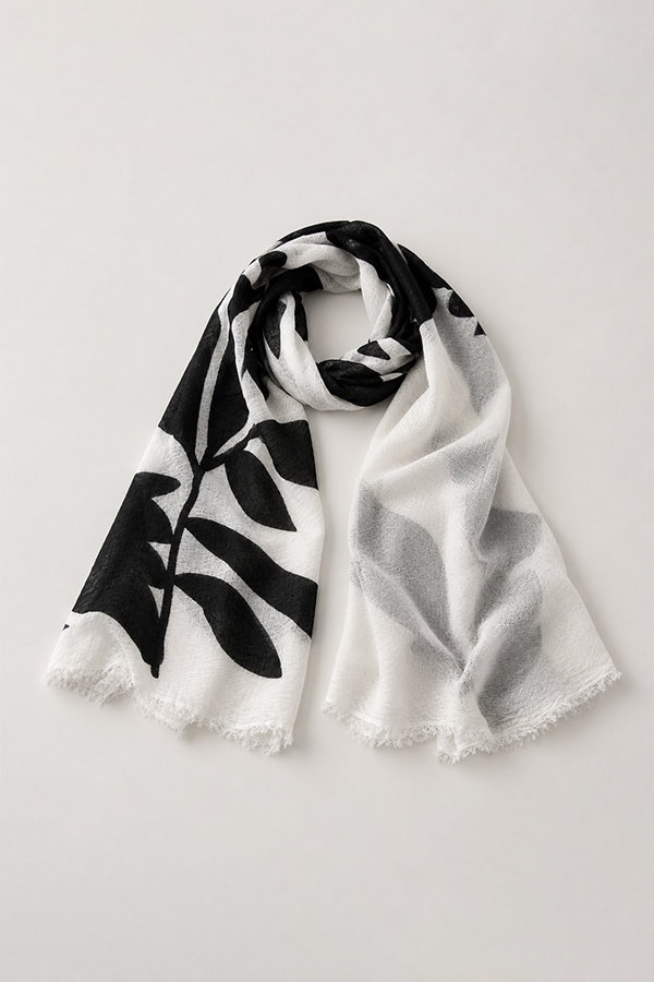 Black Label Scarf Black print Nature/W styled with frayed edges and oversized silhouette
