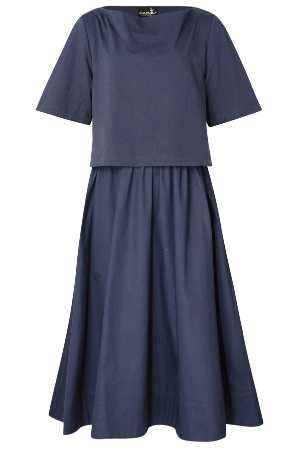 Curate Perfect Combination Dress Navy Alt Text A playful mix of textures defines the Curate Perfect Combination Dress, blending a relaxed T-shirt bodice with a flowing woven skirt for effortless everyday style.