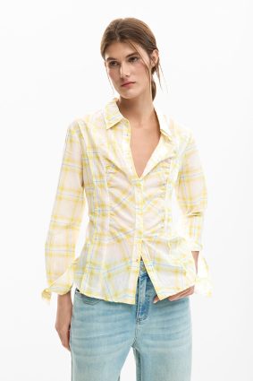 Desigual Checkered Shirt Amarillo soft yellow and blue check button-up shirt front ruching