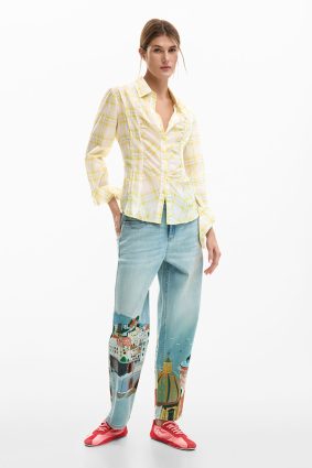 Desigual Checkered Shirt Amarillo soft yellow and blue check button-up shirt front ruching