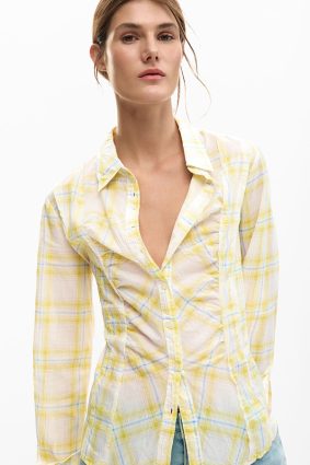 Desigual Checkered Shirt Amarillo soft yellow and blue check button-up shirt front ruching