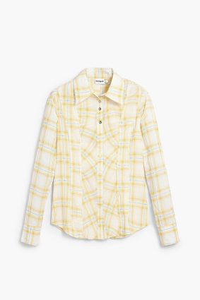 Desigual Checkered Shirt Amarillo soft yellow and blue check button-up shirt front ruching