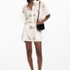 Desigual Embroidered Shirt Blanco crisp white short-sleeve shirt with embroidered cutwork panels