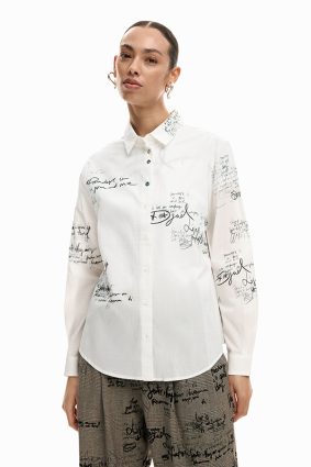 Desigual Paradise Shirt Blanco crisp white button-up shirt with handwritten script print