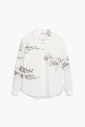 Desigual Paradise Shirt Blanco crisp white button-up shirt with handwritten script print