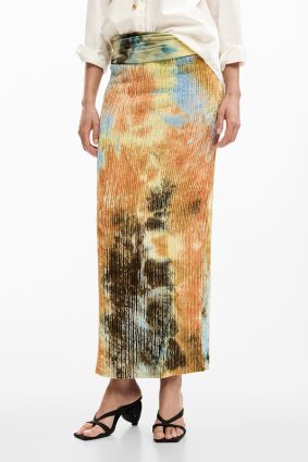 Desigual Skirt Sudan Brown flowing maxi skirt with elasticated waistband and watercolor-inspired print in brown, gold, blue, and olive