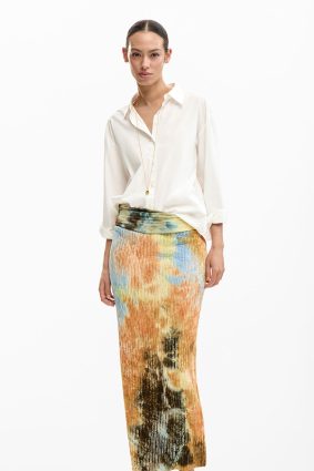 Desigual Skirt Sudan Brown flowing maxi skirt with elasticated waistband and watercolor-inspired print in brown, gold, blue, and olive
