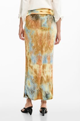 Desigual Skirt Sudan Brown flowing maxi skirt with elasticated waistband and watercolor-inspired print in brown, gold, blue, and olive