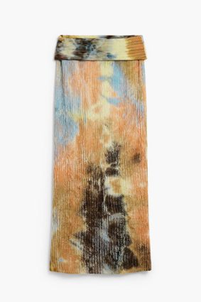 Desigual Skirt Sudan Brown flowing maxi skirt with elasticated waistband and watercolor-inspired print in brown, gold, blue, and olive