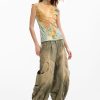 Desigual Textured T-Shirt Sudan Brown crinkled high-neck cap-sleeve top in brown, gold, blue, and olive watercolor print