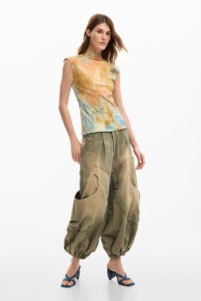 Desigual Textured T-Shirt Sudan Brown crinkled high-neck cap-sleeve top in brown, gold, blue, and olive watercolor print