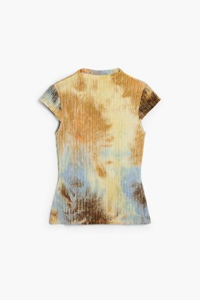 Desigual Textured T-Shirt Sudan Brown crinkled high-neck cap-sleeve top in brown, gold, blue, and olive watercolor print