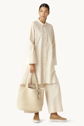 Ivory braided faux leather tote bag by Ilse Jacobsen