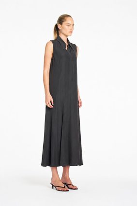 Mela Purdie Atrium Dress Bark front view showing sleeveless design and structured collar