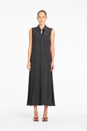 Mela Purdie Atrium Dress Bark front view showing sleeveless design and structured collar