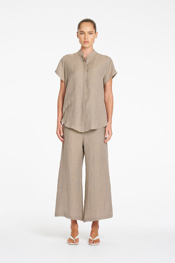 Mela Purdie Lino Pant Stucco front view showing wide-leg silhouette and cropped length