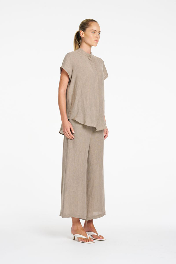 Mela Purdie Lino Pant Stucco front view showing wide-leg silhouette and cropped length