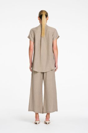 Mela Purdie Lino Pant Stucco front view showing wide-leg silhouette and cropped length