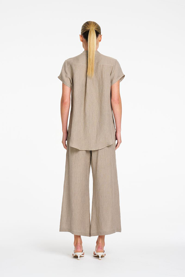 Mela Purdie Lino Pant Stucco front view showing wide-leg silhouette and cropped length