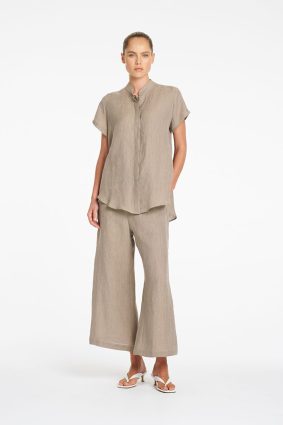 Mela Purdie Lino Pant Stucco front view showing wide-leg silhouette and cropped length