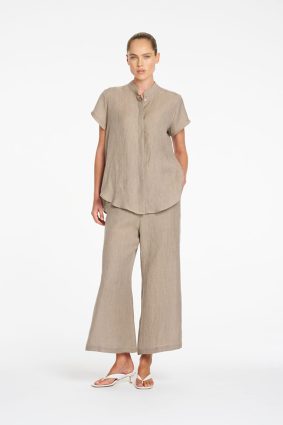 Mela Purdie Lino Pant Stucco front view showing wide-leg silhouette and cropped length