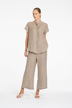 Mela Purdie Lino Pant Stucco front view showing wide-leg silhouette and cropped length