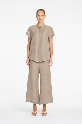 Mela Purdie Stand Shirt in Stucco front view featuring relaxed silhouette and stand collar