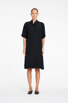 Mela Purdie knee-length plaza dress with stand collar and button tab in navy