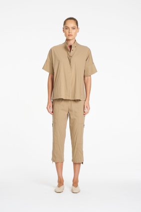 Mela Purdie relaxed short sleeve top with stand collar and button tab in elm