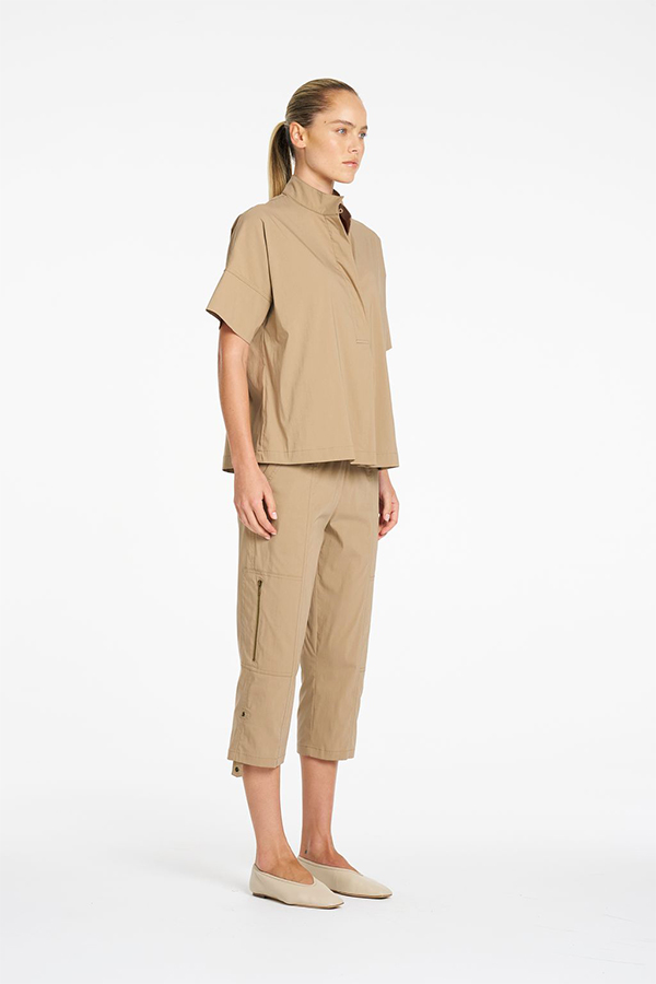 Mela Purdie relaxed short sleeve top with stand collar and button tab in elm