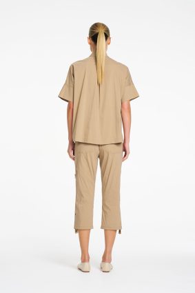 Mela Purdie relaxed short sleeve top with stand collar and button tab in elm