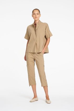 Mela Purdie relaxed short sleeve top with stand collar and button tab in elm