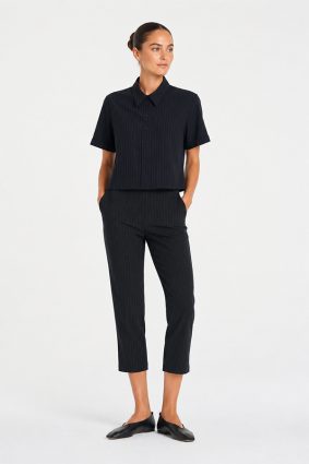 Mela Purdie navy and chalk pinstripe tapered flat pant