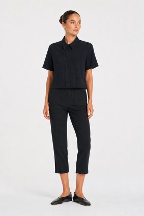 Mela Purdie navy and chalk pinstripe tapered flat pant