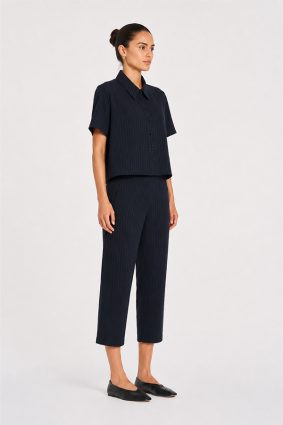 Mela Purdie navy and chalk pinstripe tapered flat pant