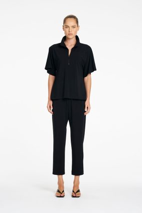 Mela Purdie Zip Flute Top in True Navy front view featuring relaxed silhouette and zip neckline