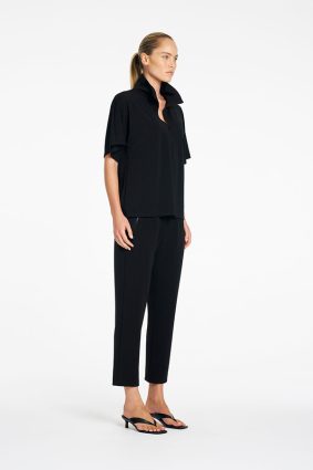 Mela Purdie Zip Flute Top in True Navy front view featuring relaxed silhouette and zip neckline