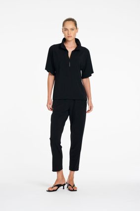 Mela Purdie Zip Flute Top in True Navy front view featuring relaxed silhouette and zip neckline