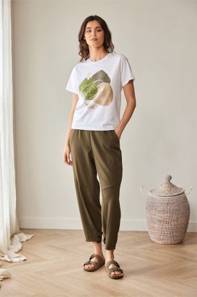 Peruzzi white crew neck t-shirt with abstract black taupe and silver brushstroke print