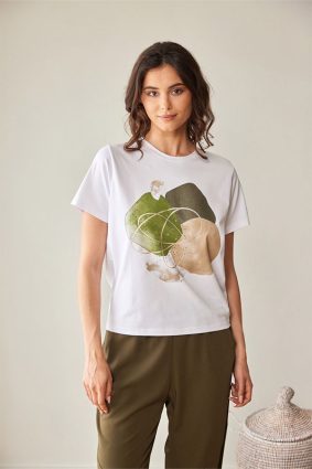 Peruzzi white crew neck t-shirt with abstract black taupe and silver brushstroke print