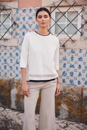 Peruzzi Rib Front Top Ecru with contrast navy trim
