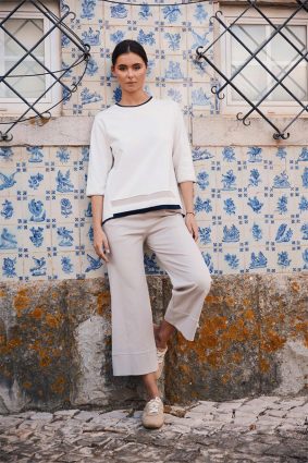 Peruzzi Rib Front Top Ecru with contrast navy trim