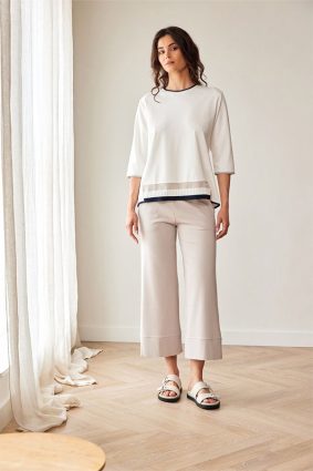 Peruzzi Rib Front Top Ecru with contrast navy trim