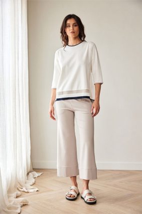 Peruzzi Rib Front Top Ecru with contrast navy trim