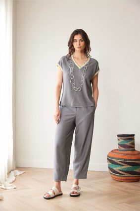 Peruzzi Stripe Trim Top Elephant showing relaxed fit and cap sleeves