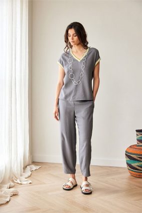 Peruzzi Stripe Trim Top Elephant showing relaxed fit and cap sleeves
