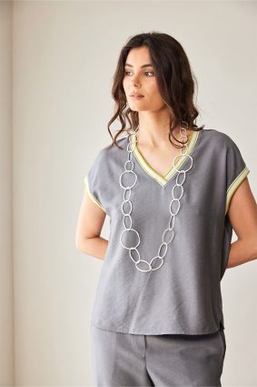 Peruzzi Stripe Trim Top Elephant showing relaxed fit and cap sleeves
