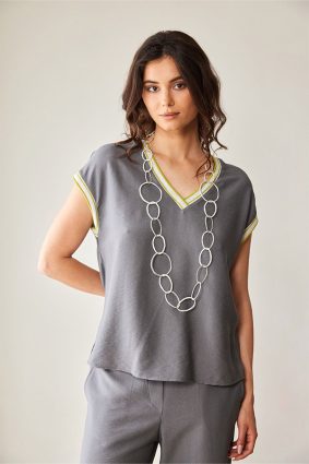 Peruzzi Stripe Trim Top Elephant showing relaxed fit and cap sleeves