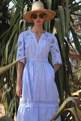Rose and Rose Dahlia Dress in Banker Blue with cutwork embroidery