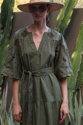 Plaintext Rose and Rose Dahlia Dress in Olive with cutwork embroidery